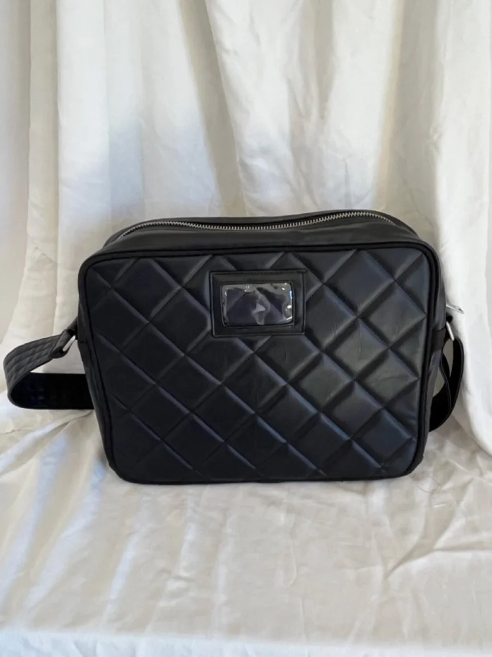 Superdry Embossed Logo Black Faux Leather Messenger Crossbody Bag